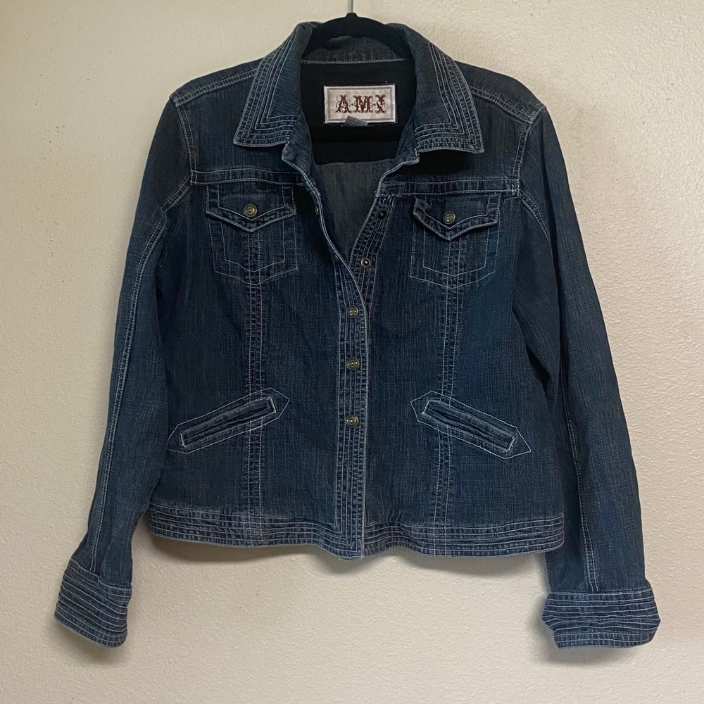 AMI Womens XL Denim Jean Jacket Dark Wash Floral Buttons Contrast Stitch Blue